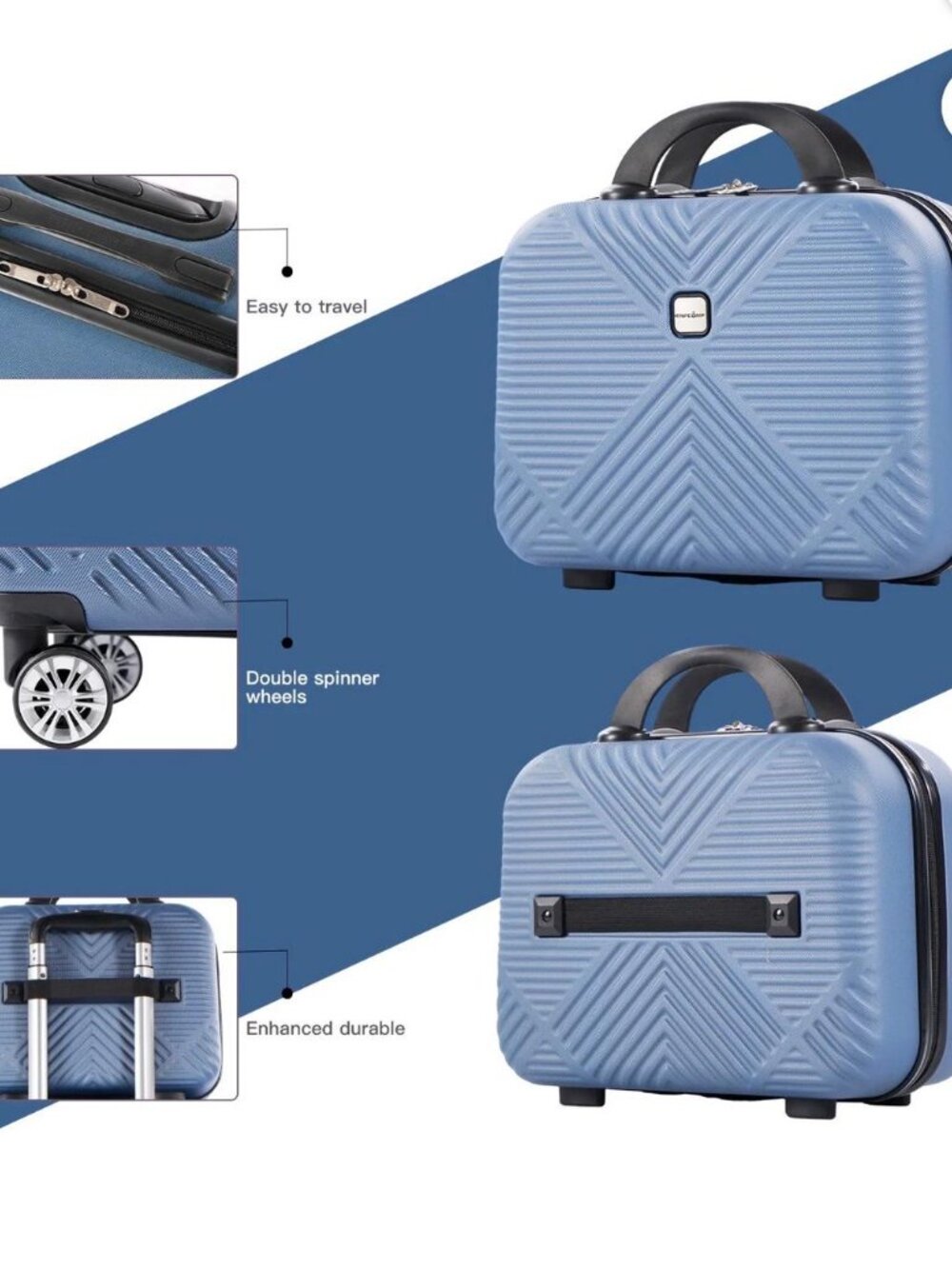 2-Piece Hardside Carry-On Luggage Set w/ Cosmetic Case Blue Spinner Suitcase - Picture 3 of 7